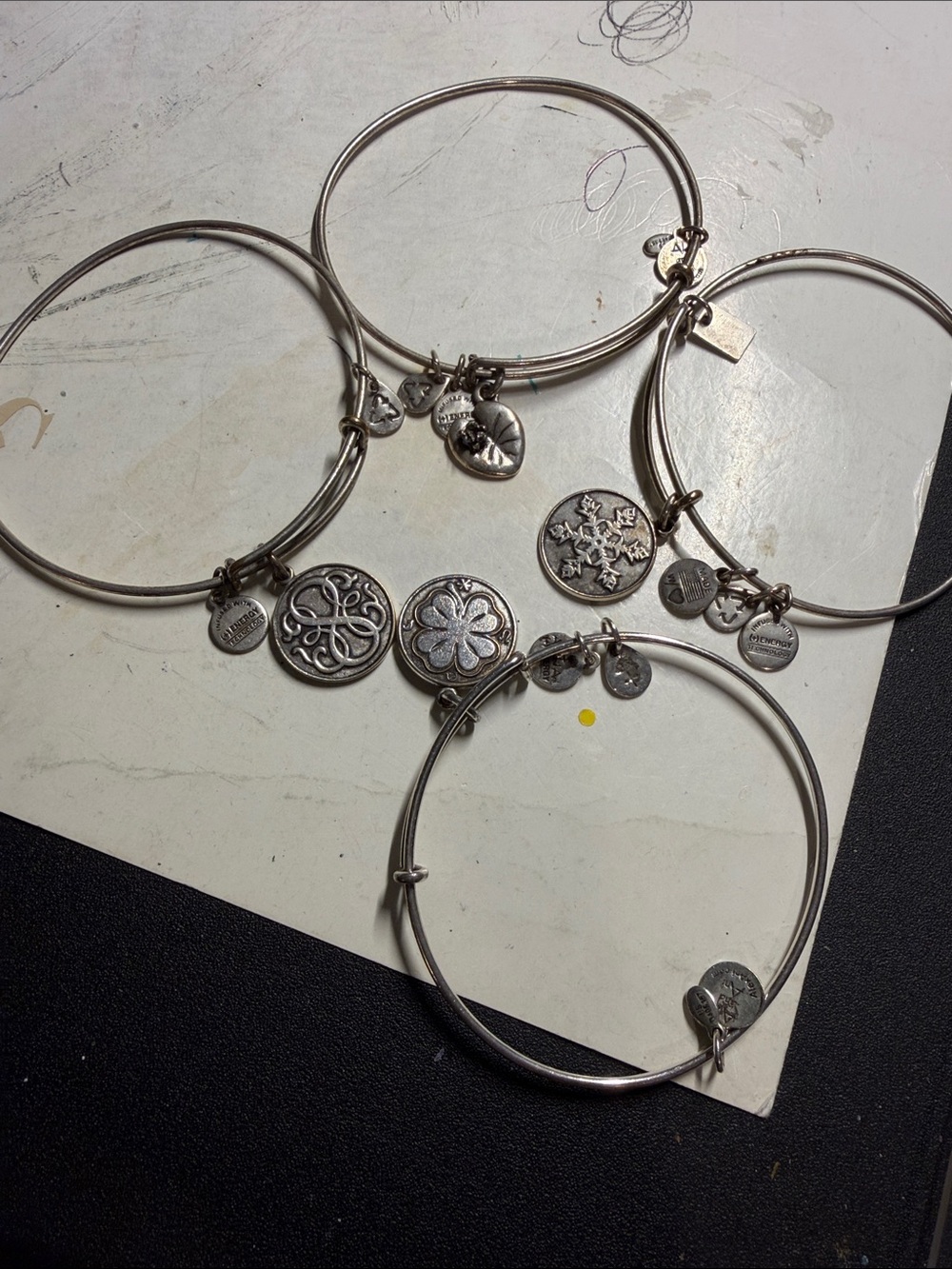 Alex and Ani Silver-Tone Charm Bangle Set with Floral and Heart Motifs